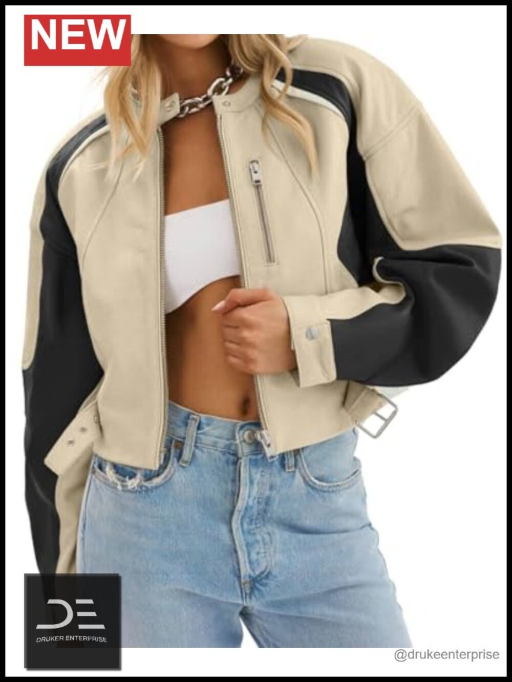 Women's Faux Leather Cropped Bomber Moto Biker Jacket Collarless Zip